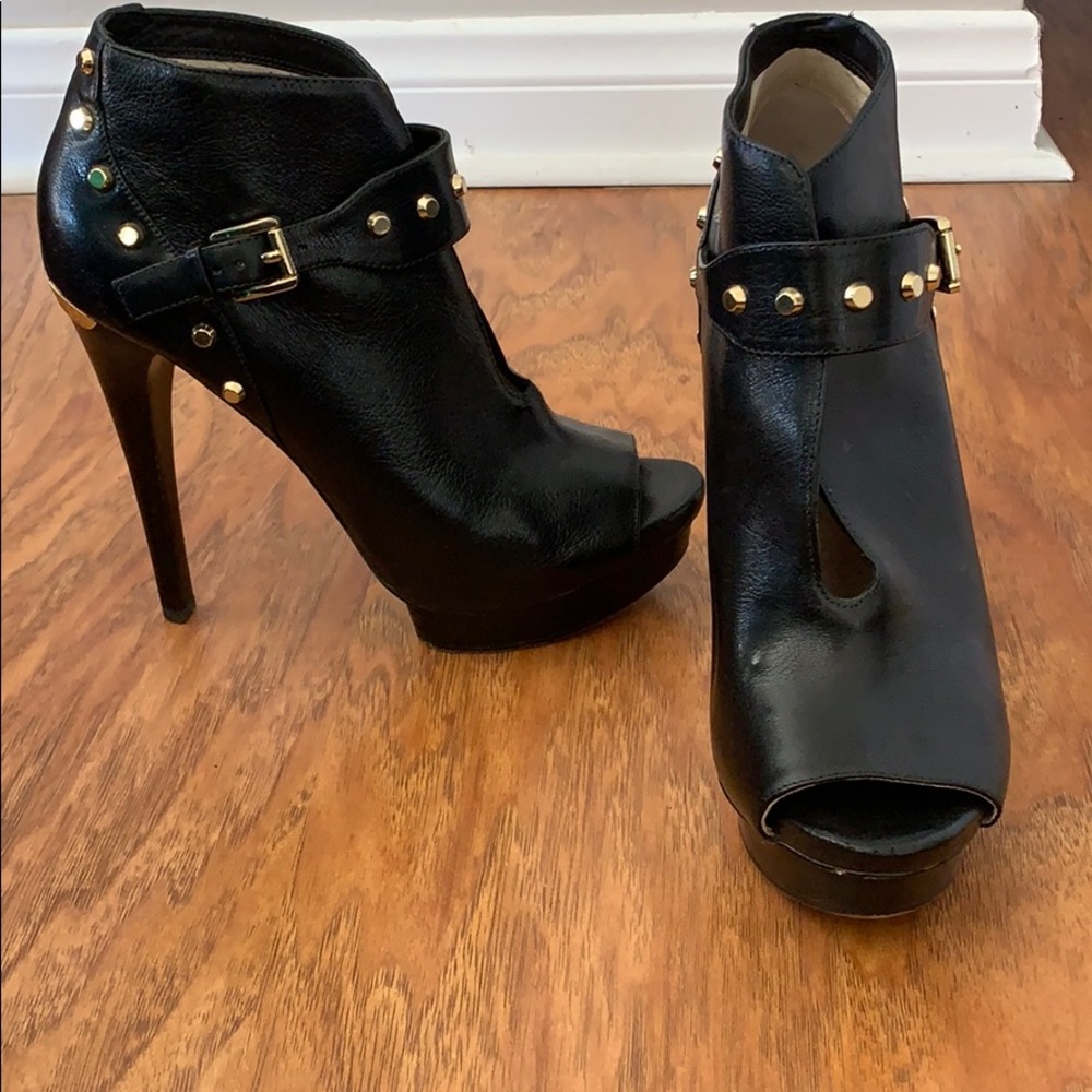 Open toe black leather booties with gold studs